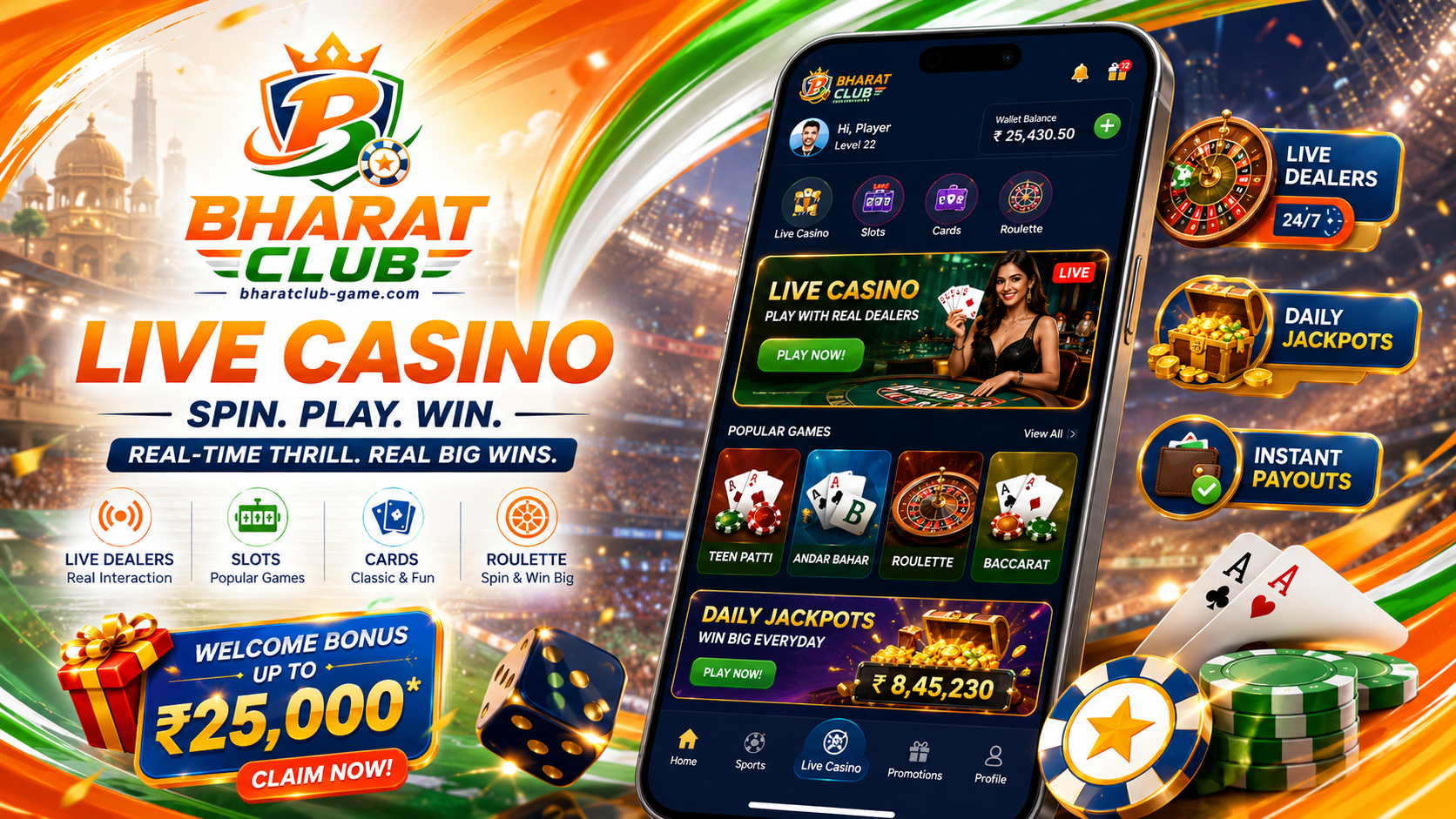 Bharat Club live room style screen with table and phone panels